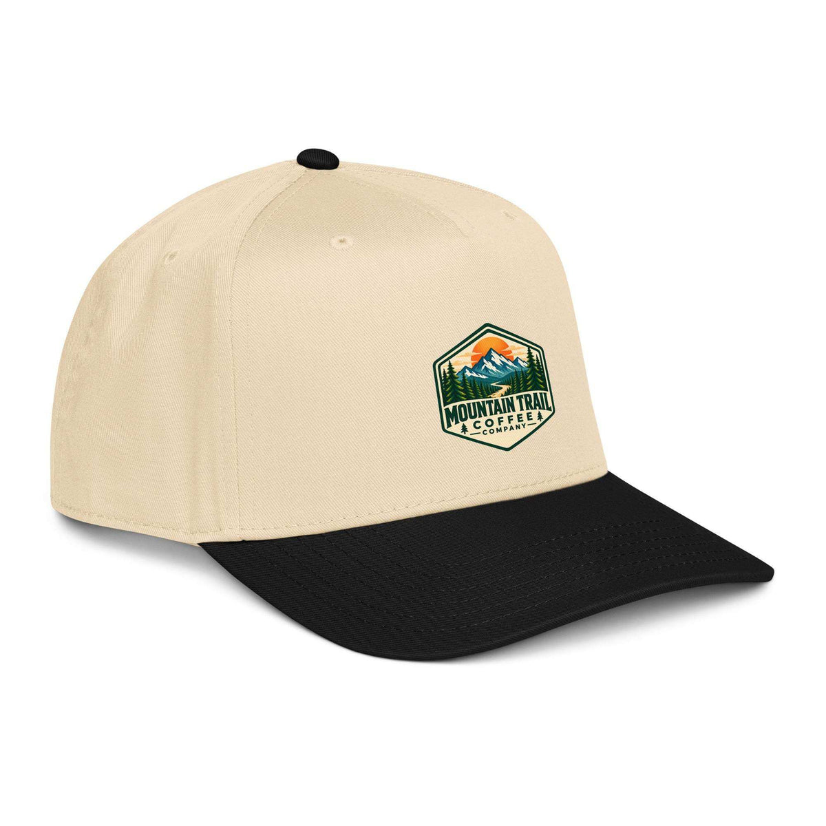 5 panel cap in beige and black cotton blend with structured front, curved visor, and embroidered mountain trail patch