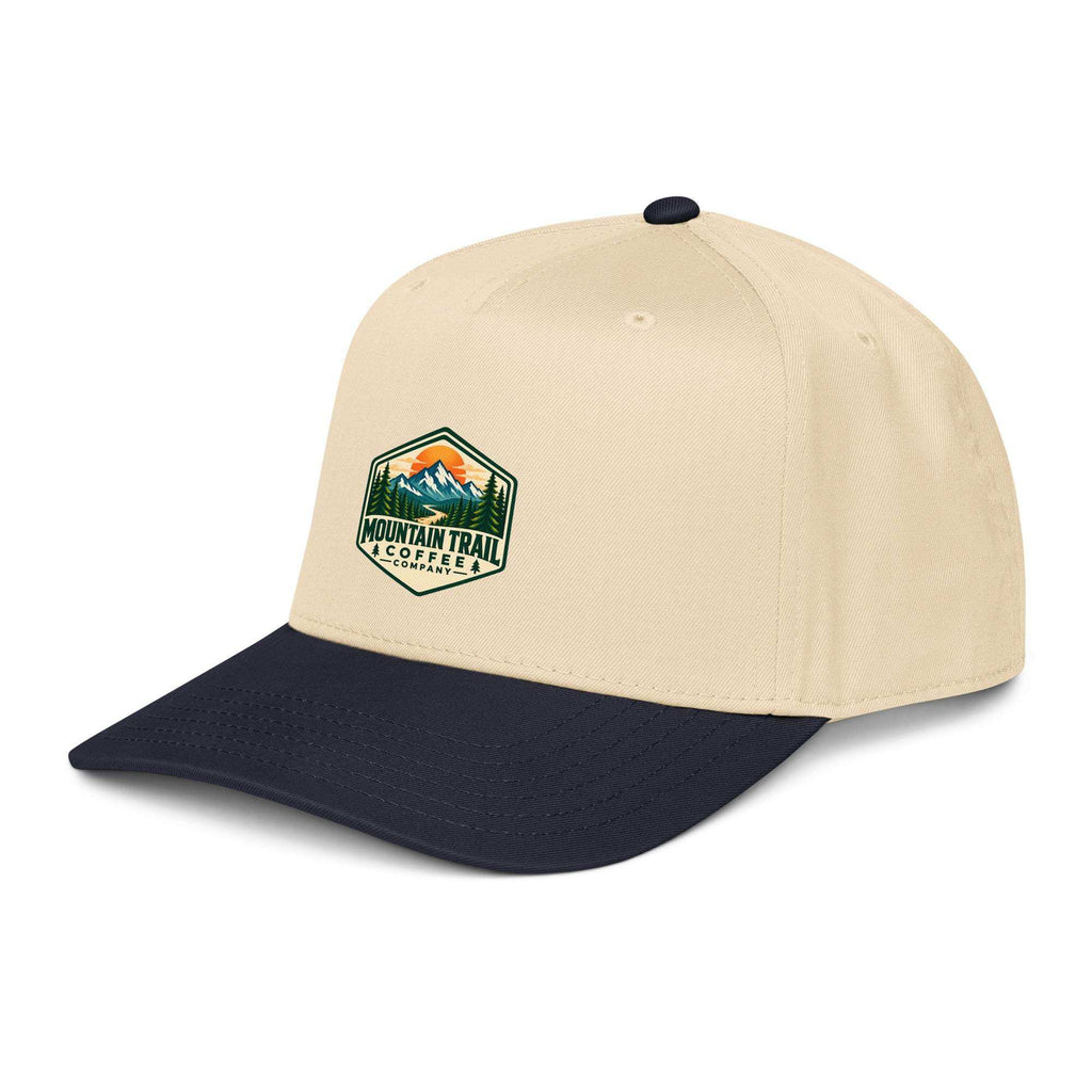 5 panel cap in beige cotton blend with black curved visor and embroidered mountain trail coffee patch