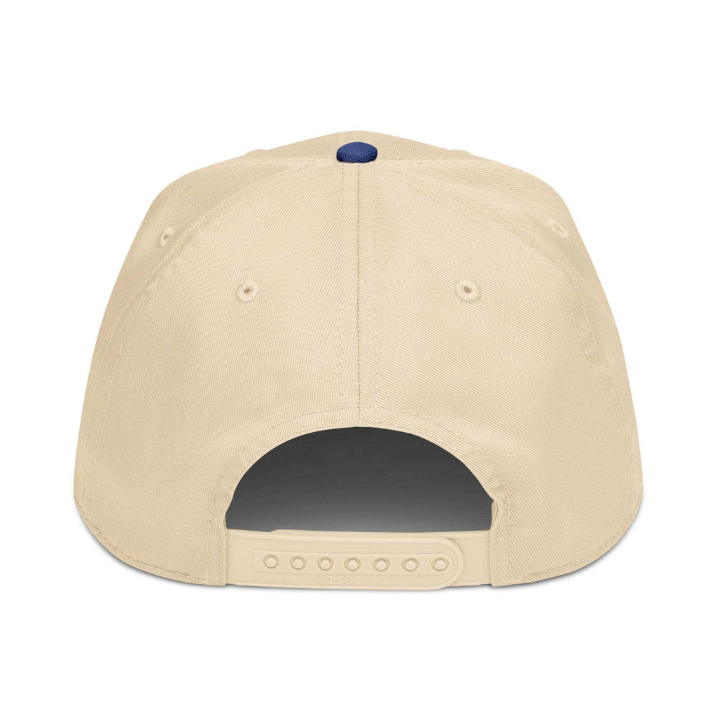 5 panel cap in beige cotton blend with structured panels, embroidered eyelets and adjustable snapback closure