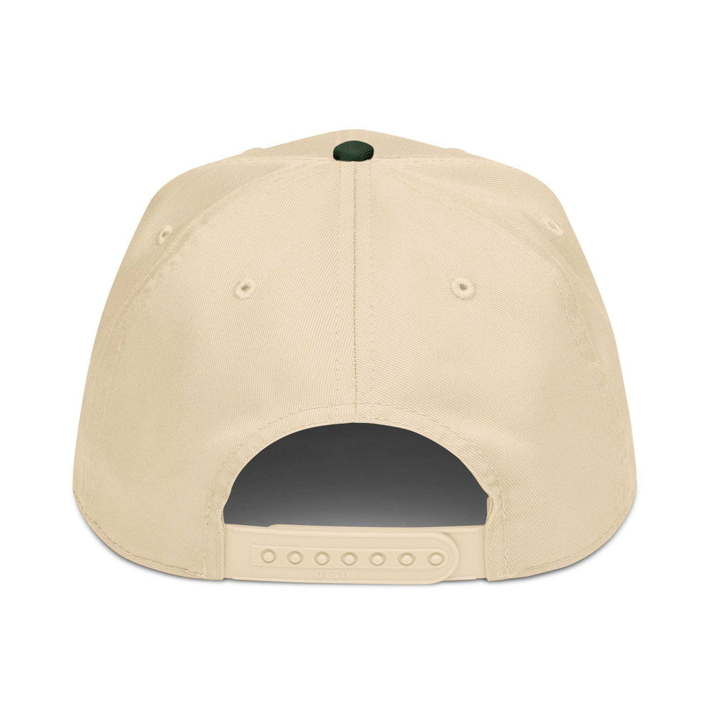 5 panel cap in beige cotton blend with structured panels, embroidered eyelets, top button and adjustable snapback closure