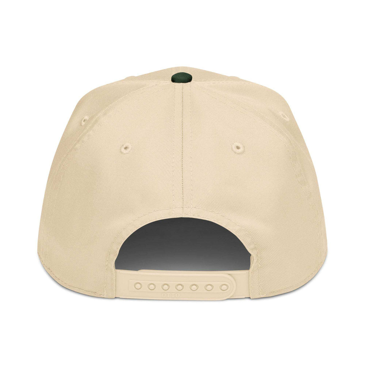 5 panel cap in beige cotton blend with structured panels, embroidered eyelets, top button and adjustable snapback closure