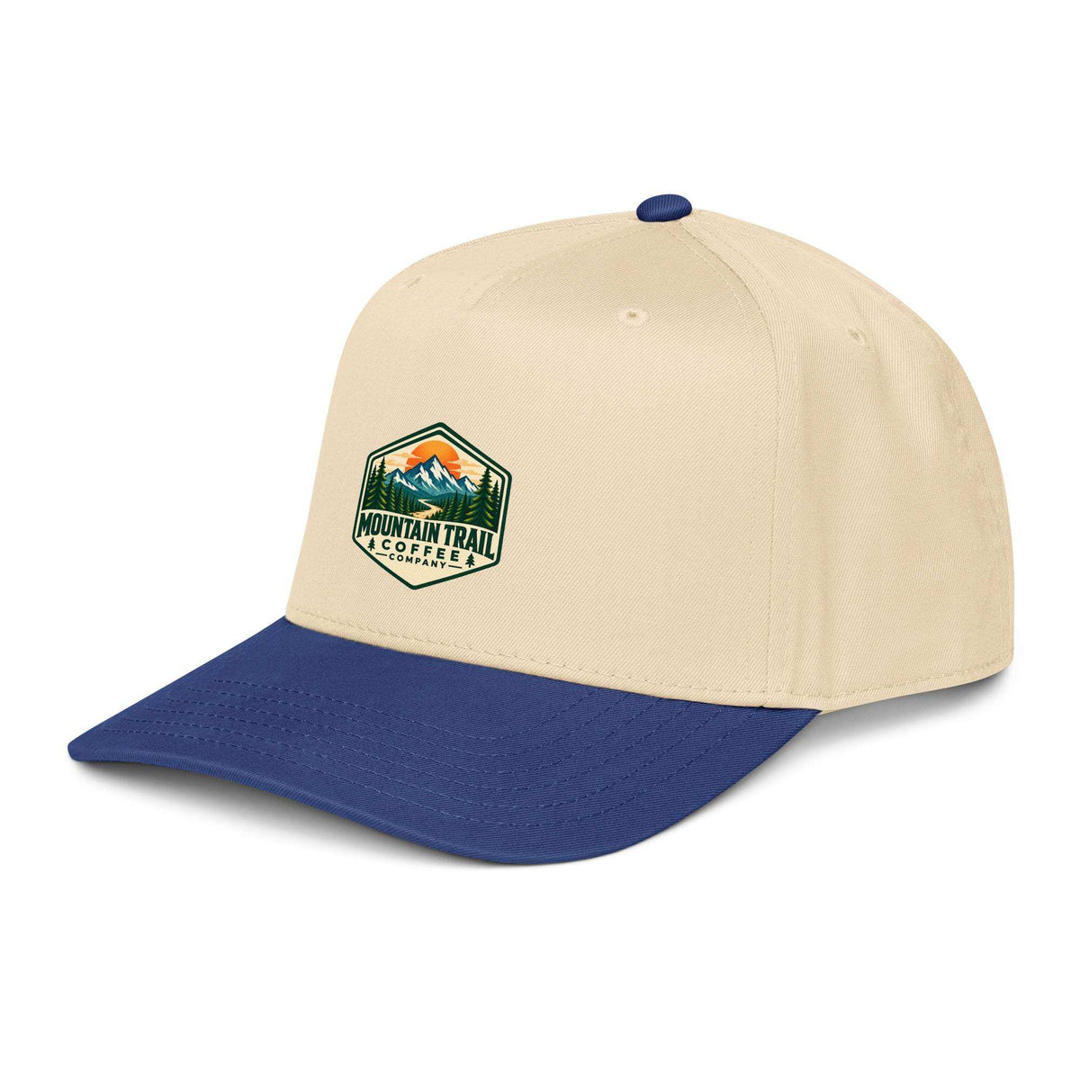 5 panel cap in beige cotton with a navy curved visor and embroidered mountain trail coffee patch