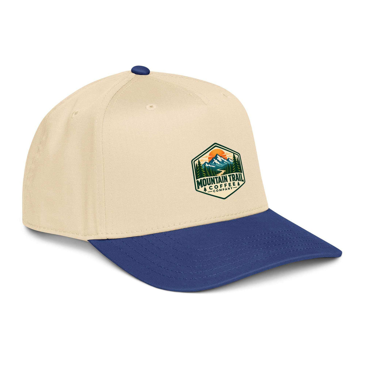 5 panel cap in beige and navy cotton blend with structured front, curved brim and embroidered mountain trail patch