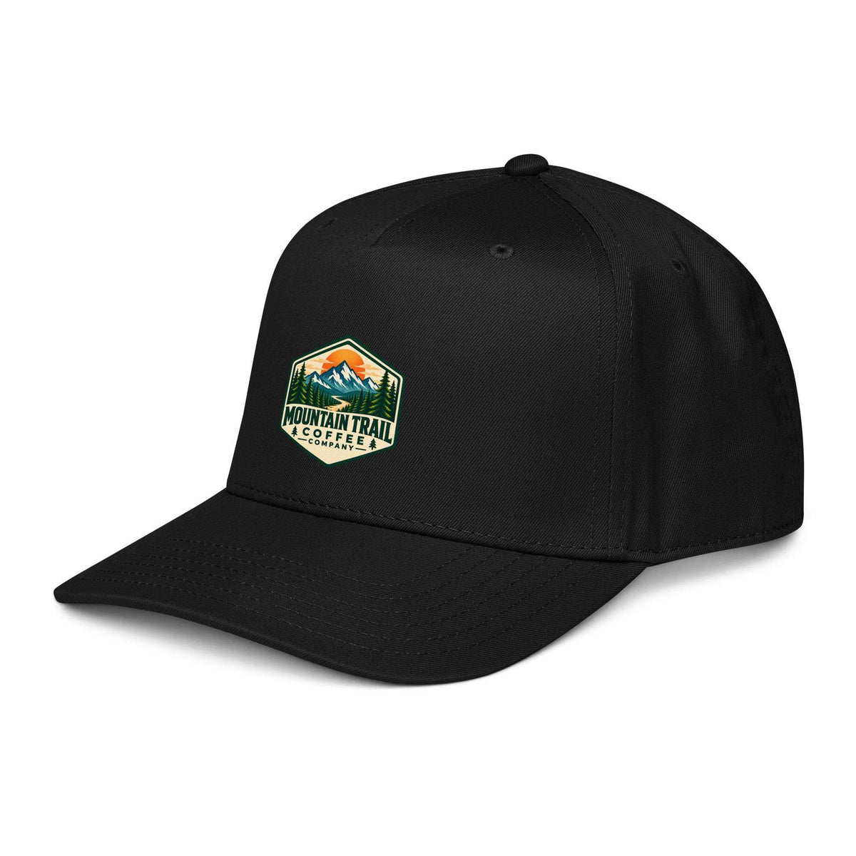 5 panel cap in black fabric with structured crown, curved visor, and colorful Mountain Trail Coffee patch