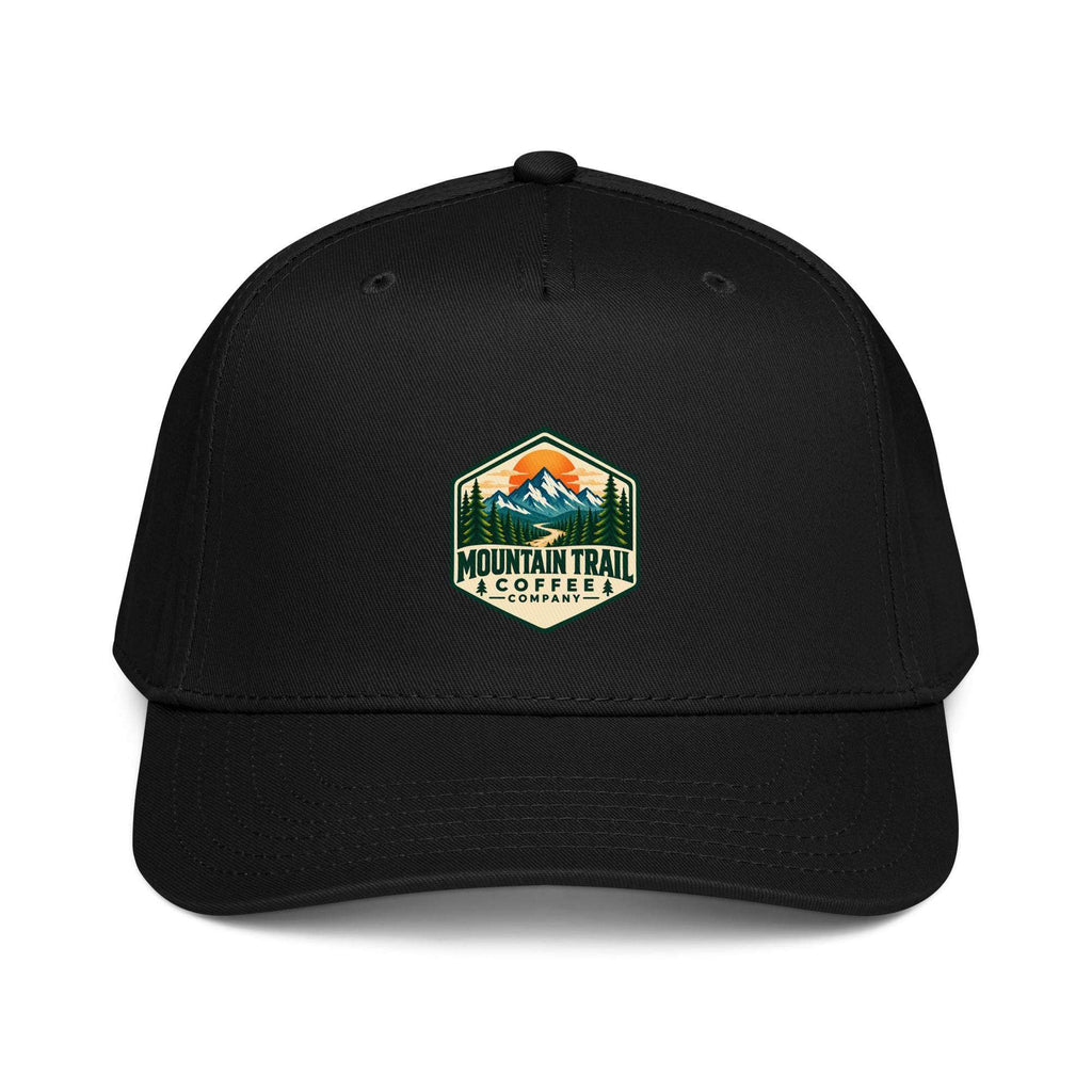 5 panel cap in black polyester cotton with a structured front, curved visor and Mountain Trail Coffee logo