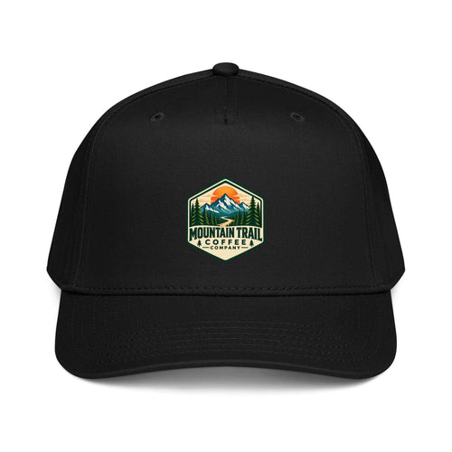 5 panel cap in black polyester cotton with a structured front, curved visor and Mountain Trail Coffee logo