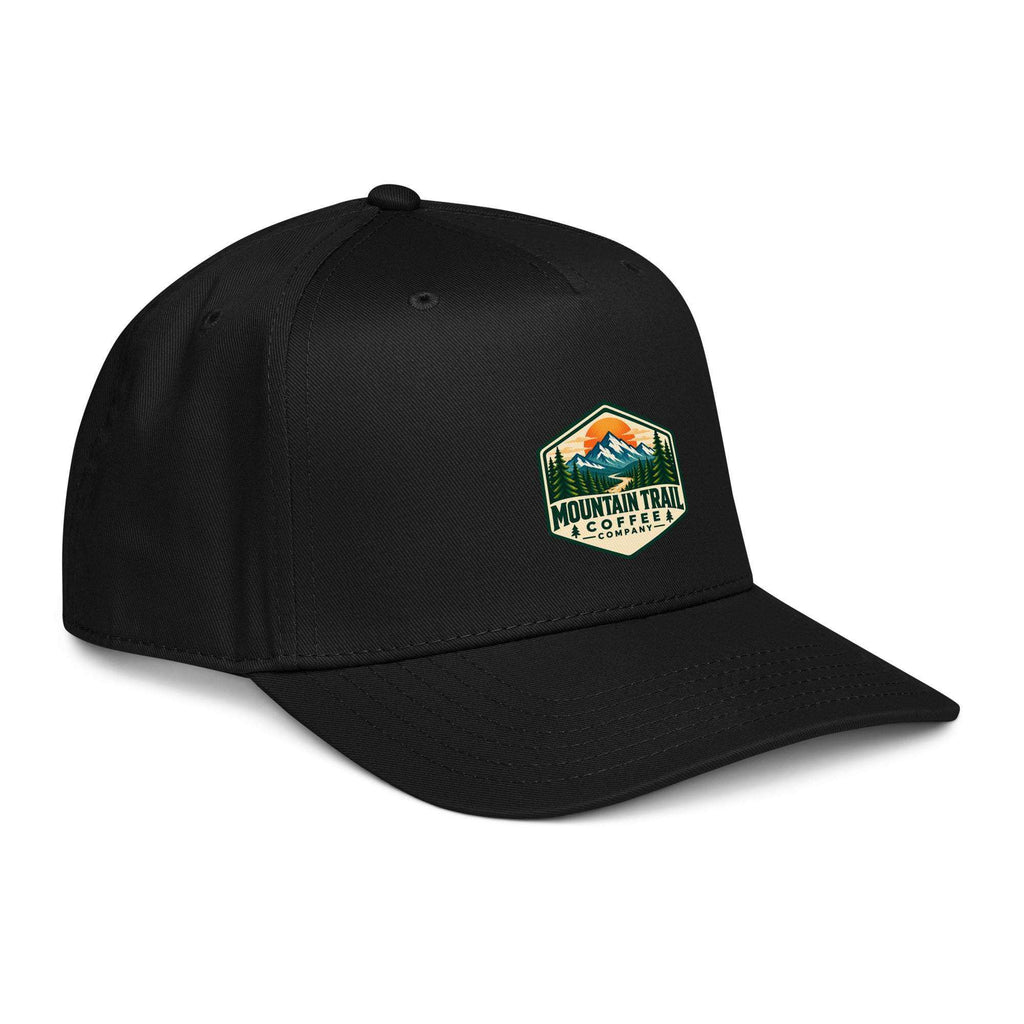 5 panel cap in black polyester-cotton fabric with structured front, curved visor, and Mountain Trail patch