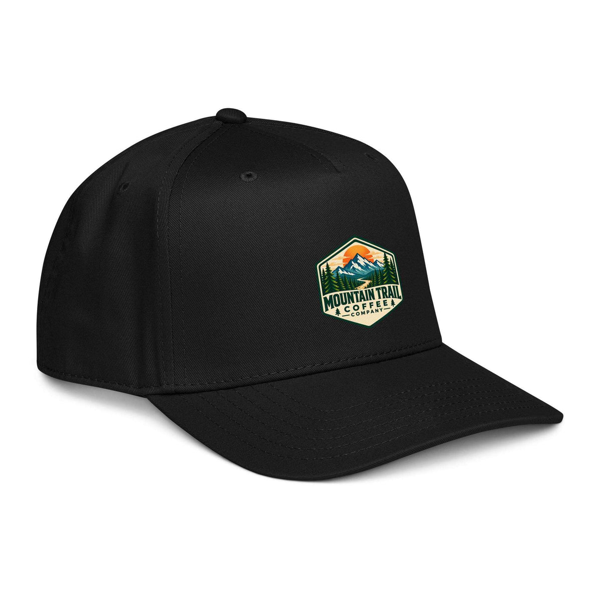 5 panel cap in black polyester-cotton fabric with structured front, curved visor, and Mountain Trail patch
