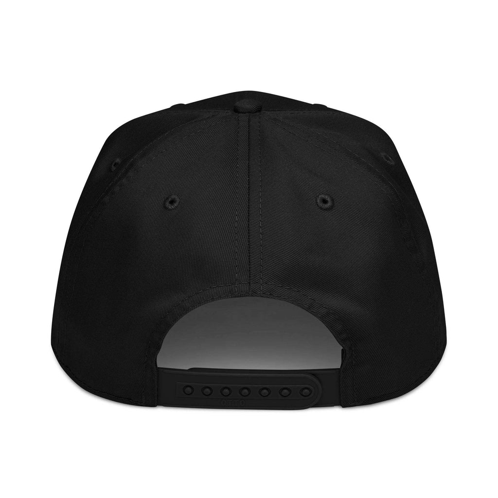 5 panel cap in black cotton blend with structured panels, stitched eyelets and adjustable snapback closure