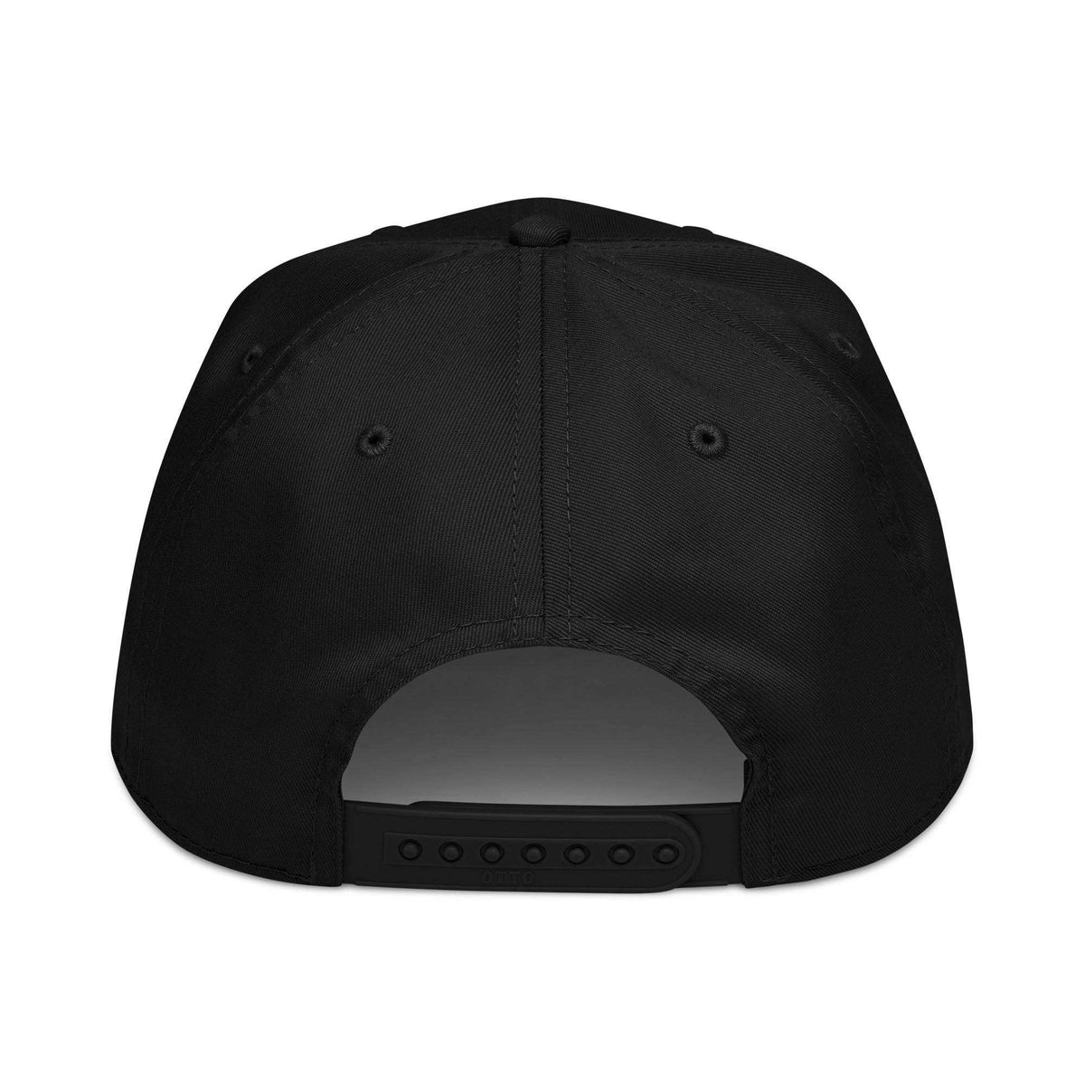 5 panel cap in black cotton blend with structured panels, stitched eyelets and adjustable snapback closure