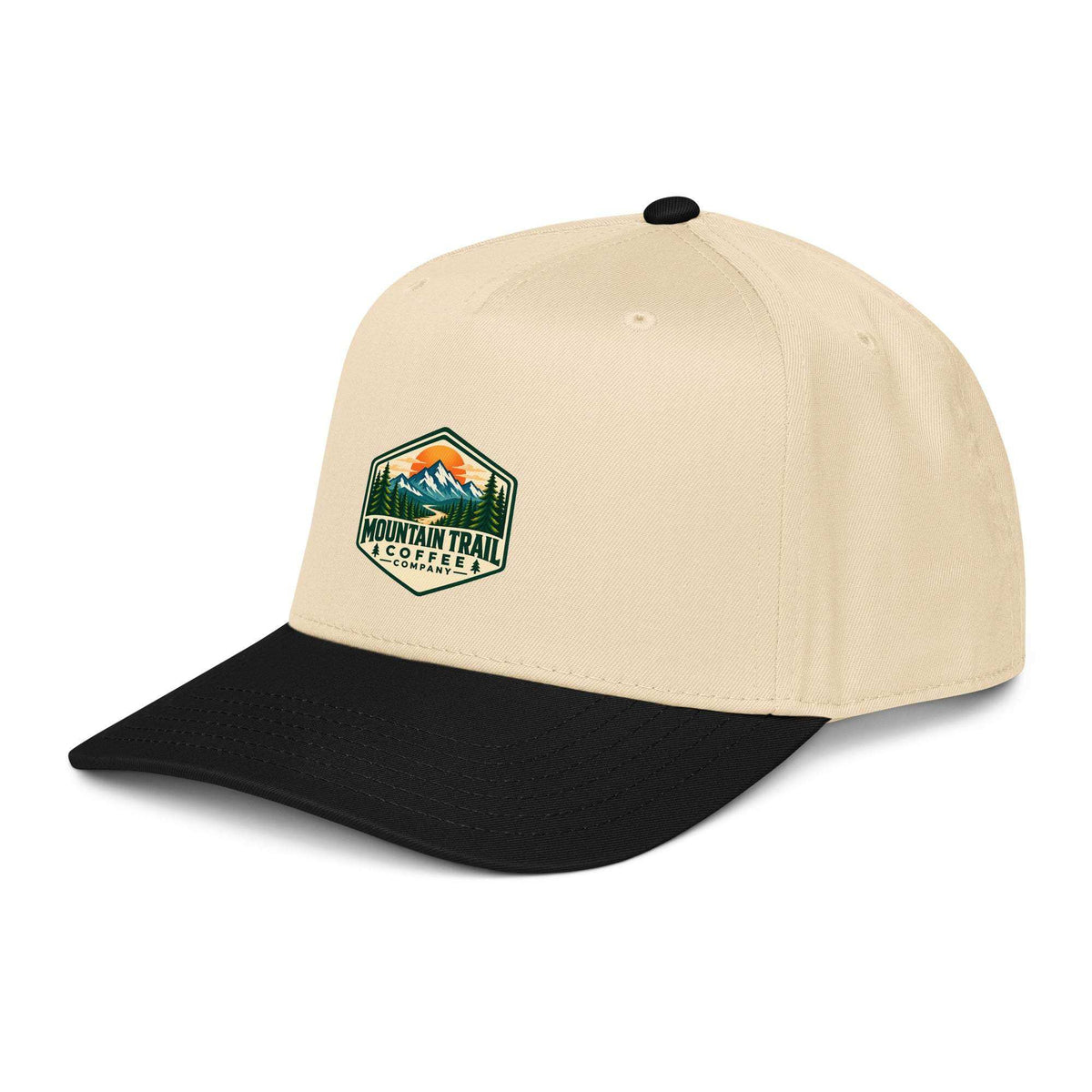 5 panel cap in cream cotton blend with black curved visor and embroidered mountain trail coffee patch