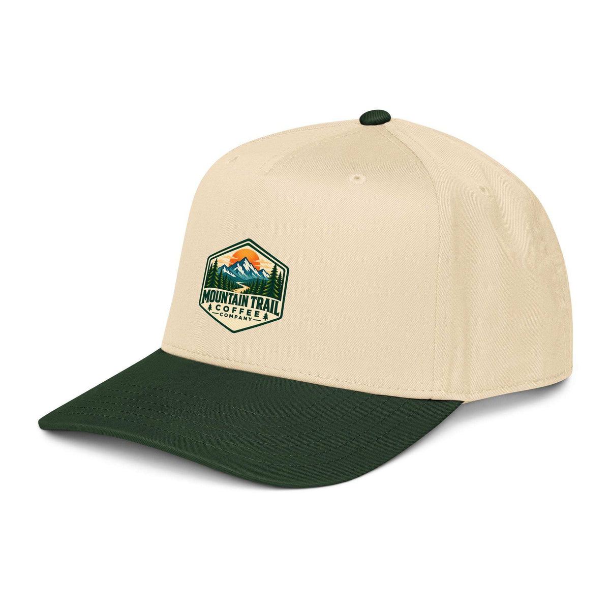 5 panel cap in cream and dark green polyester cotton with curved visor and mountain trail logo patch