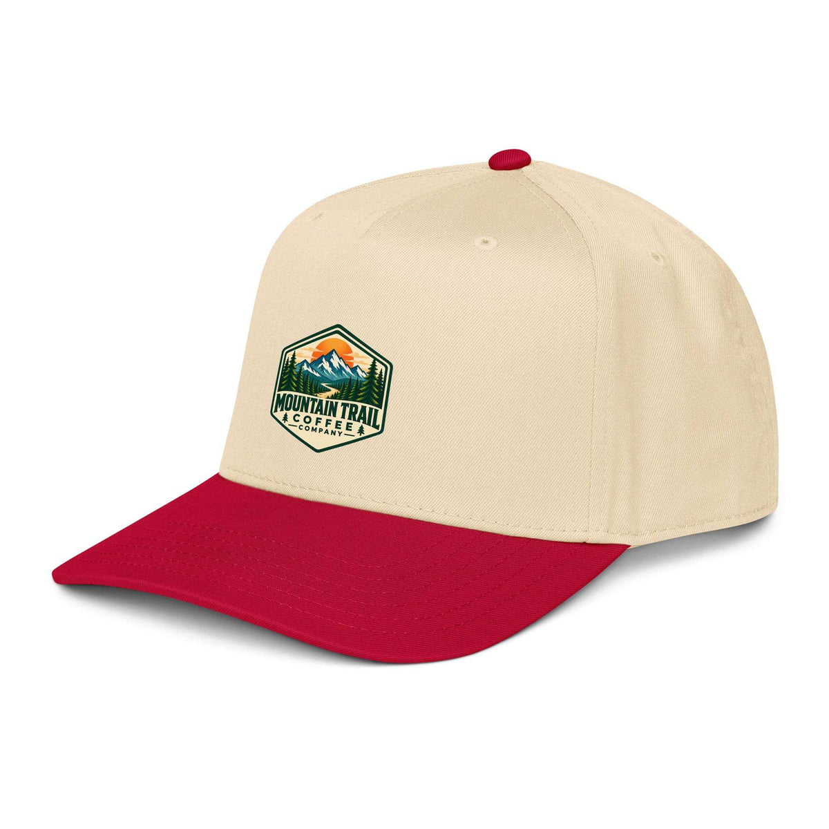 5 panel cap in cream cotton blend with red curved visor, red top button, and mountain trail coffee patch