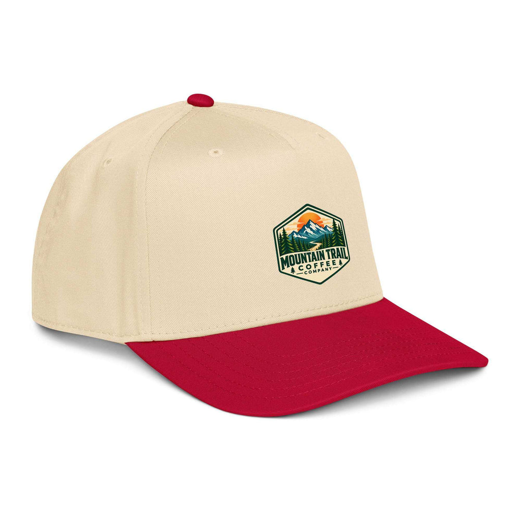 5 panel cap in cream and red cotton blend with curved visor and embroidered mountain trail patch