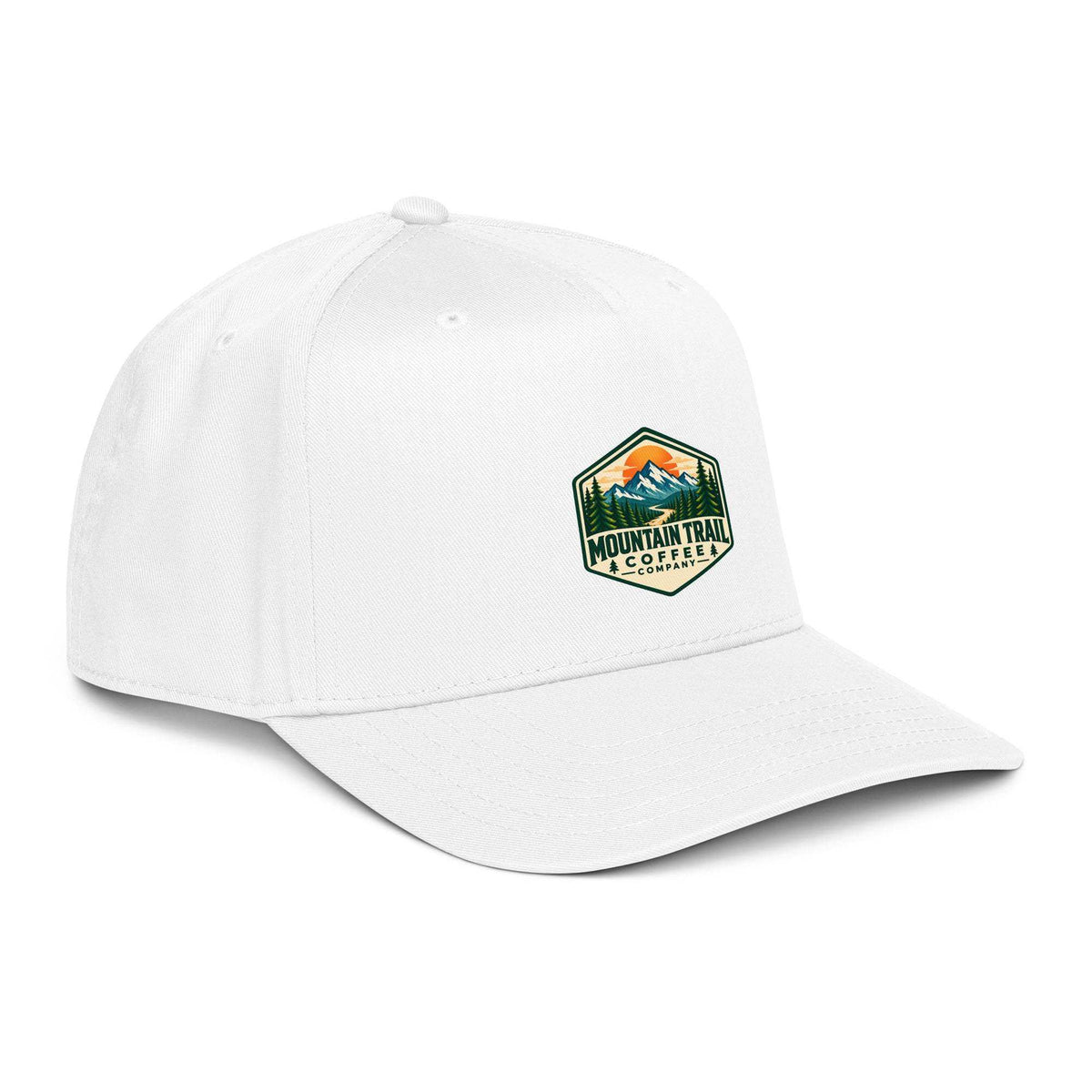 5 panel cap in white cotton blend with structured front, curved visor and embroidered mountain trail patch