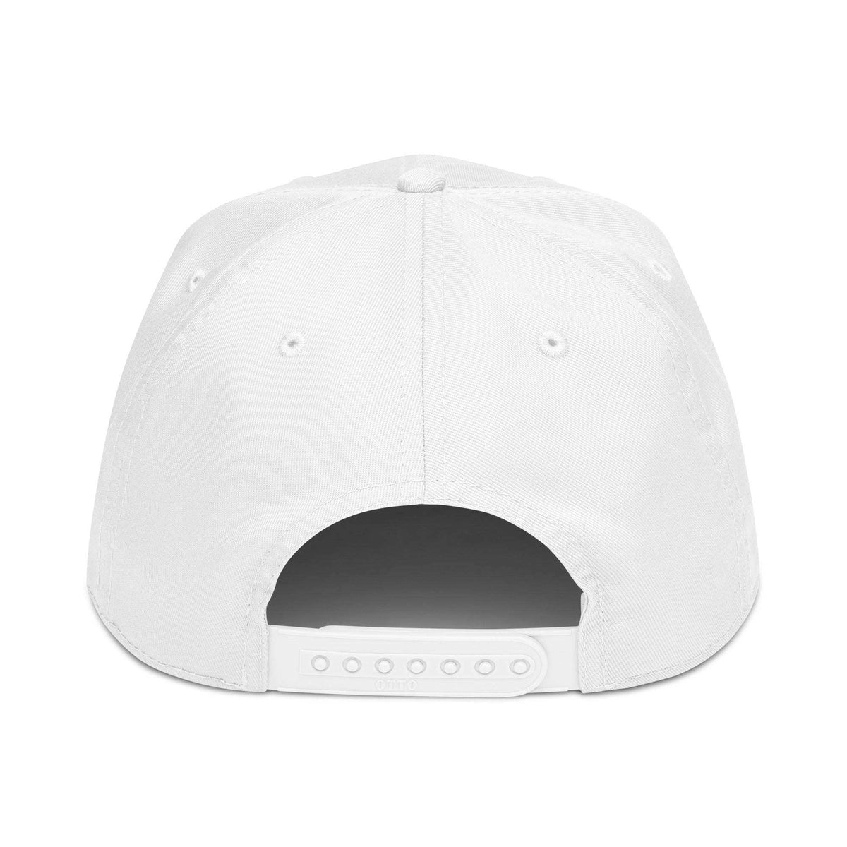 5 panel cap in white cotton blend with structured panels, ventilation eyelets, and adjustable snapback closure