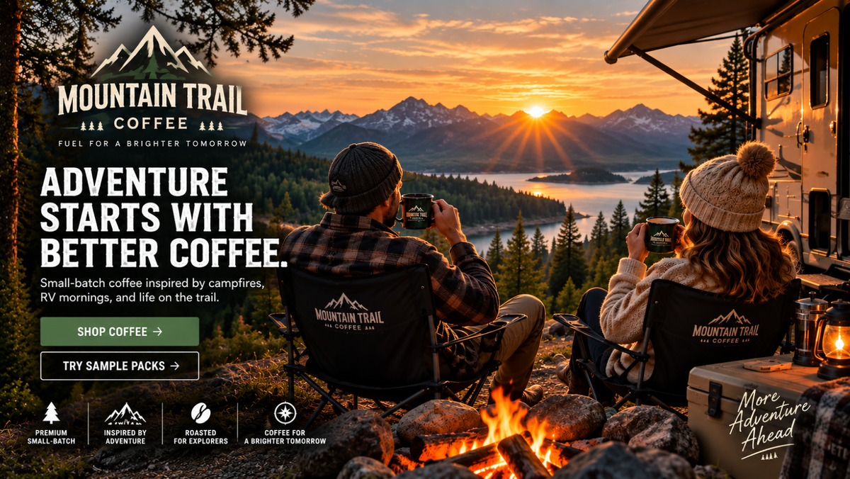 Mountain Trail Coffee campsite overlooking a mountain lake at sunrise