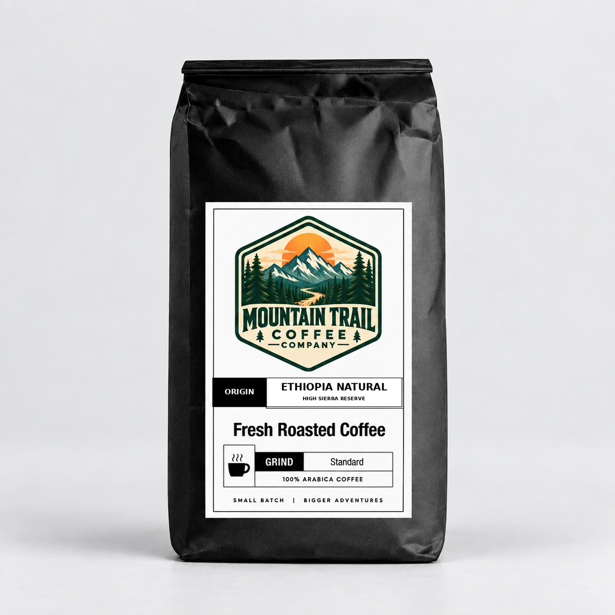 Black coffee bag with a white label featuring a mountain logo and text indicating High Sierra Reserve Ethiopia Natural fresh roasted coffee.