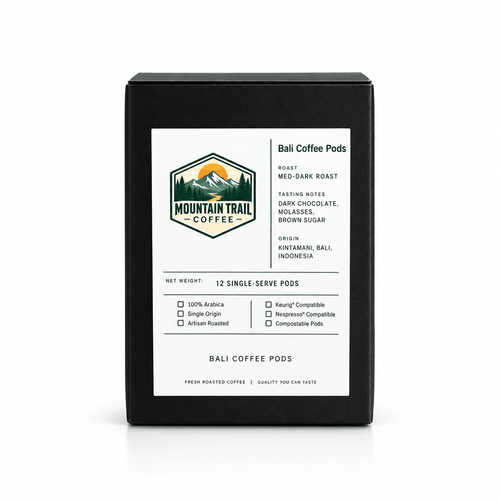 Bali Coffee Pods in a black rectangular box with a white label, mountain logo and single-serve pod details.