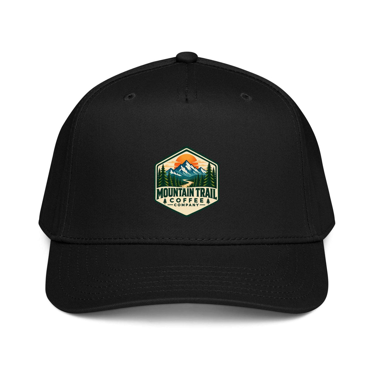5 panel cap in black polyester cotton with a structured front, curved visor and Mountain Trail Coffee logo