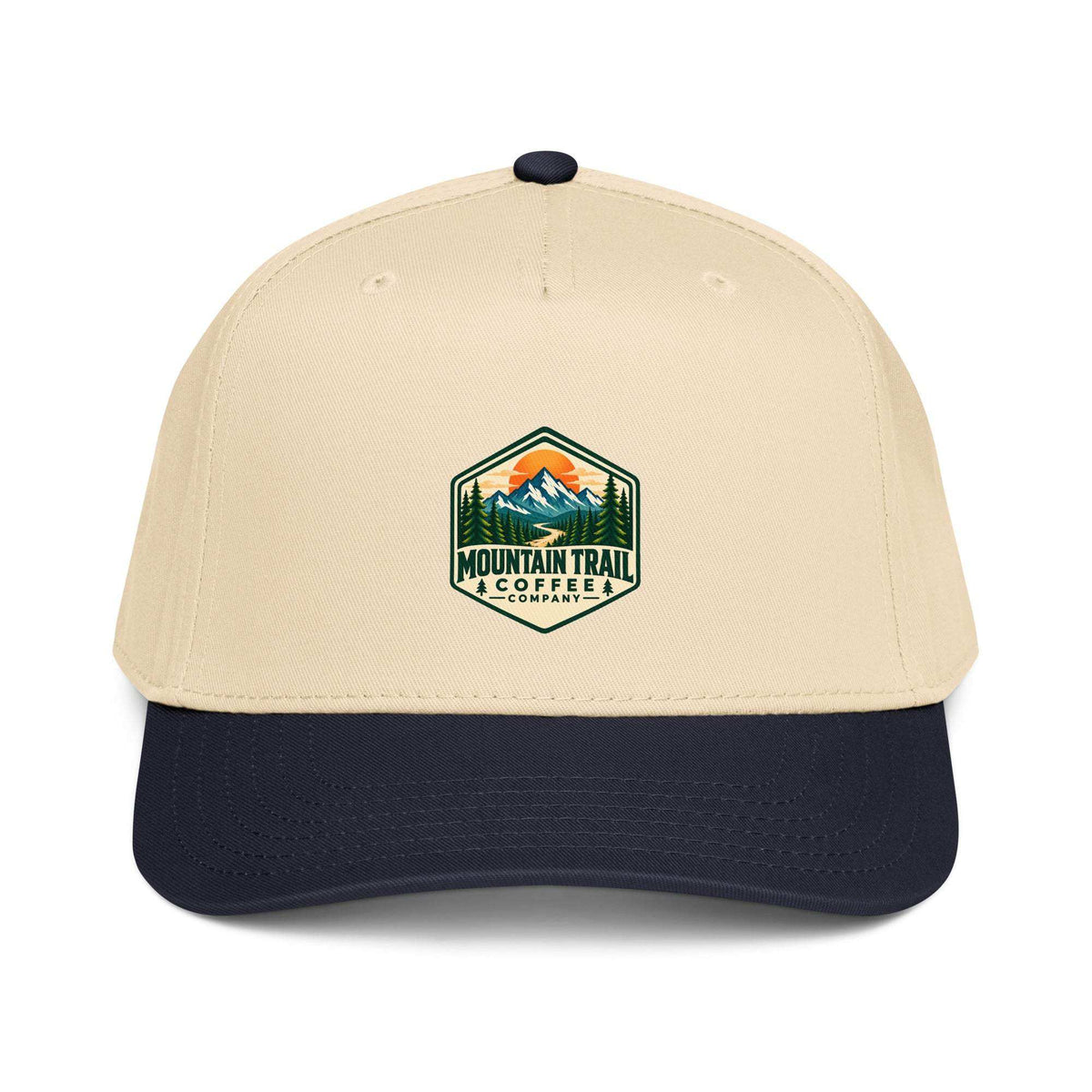 5 panel cap in beige and navy cotton blend with structured front, curved visor, and Mountain Trail Coffee logo