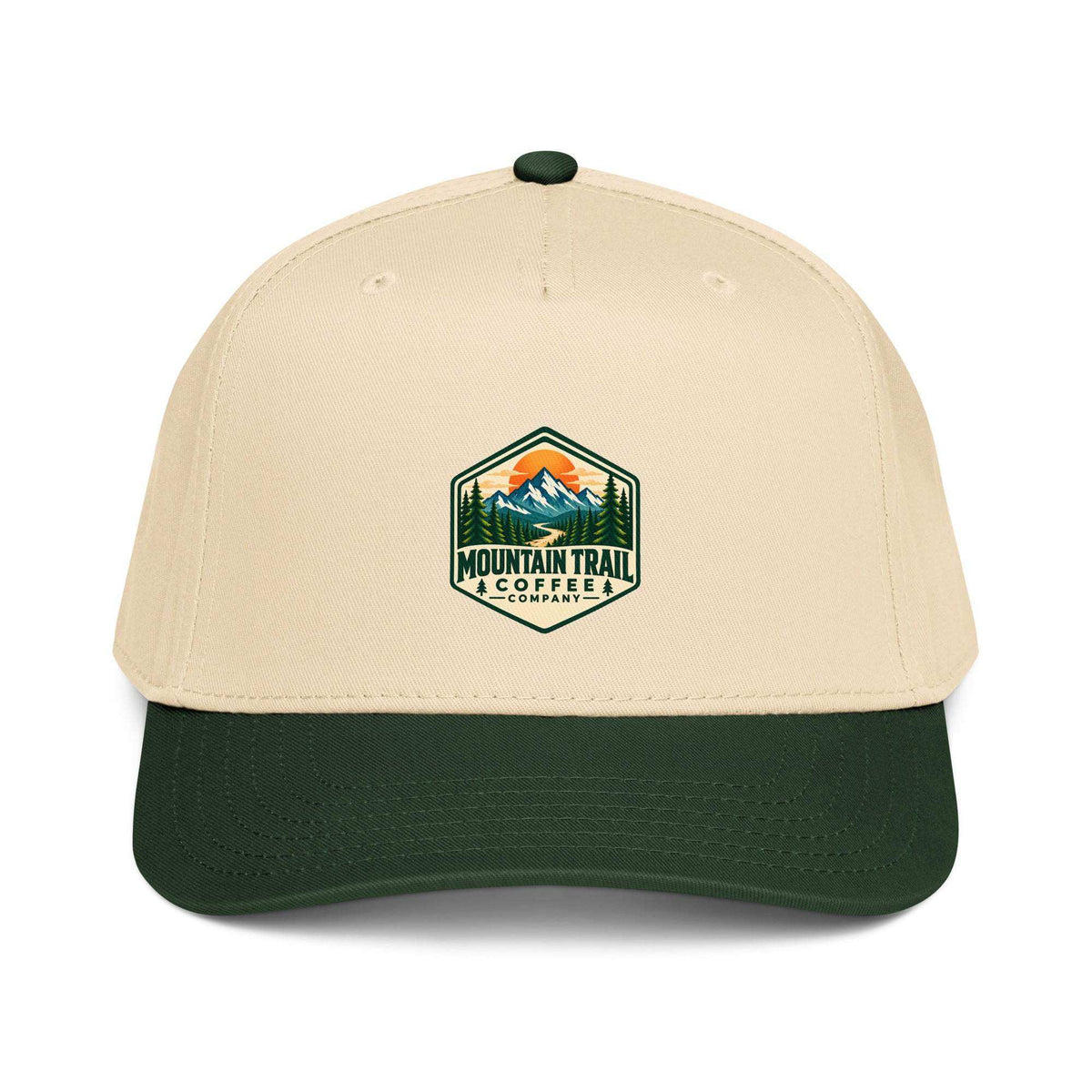 5 panel cap in beige cotton with a dark green curved brim and embroidered mountain trail coffee logo