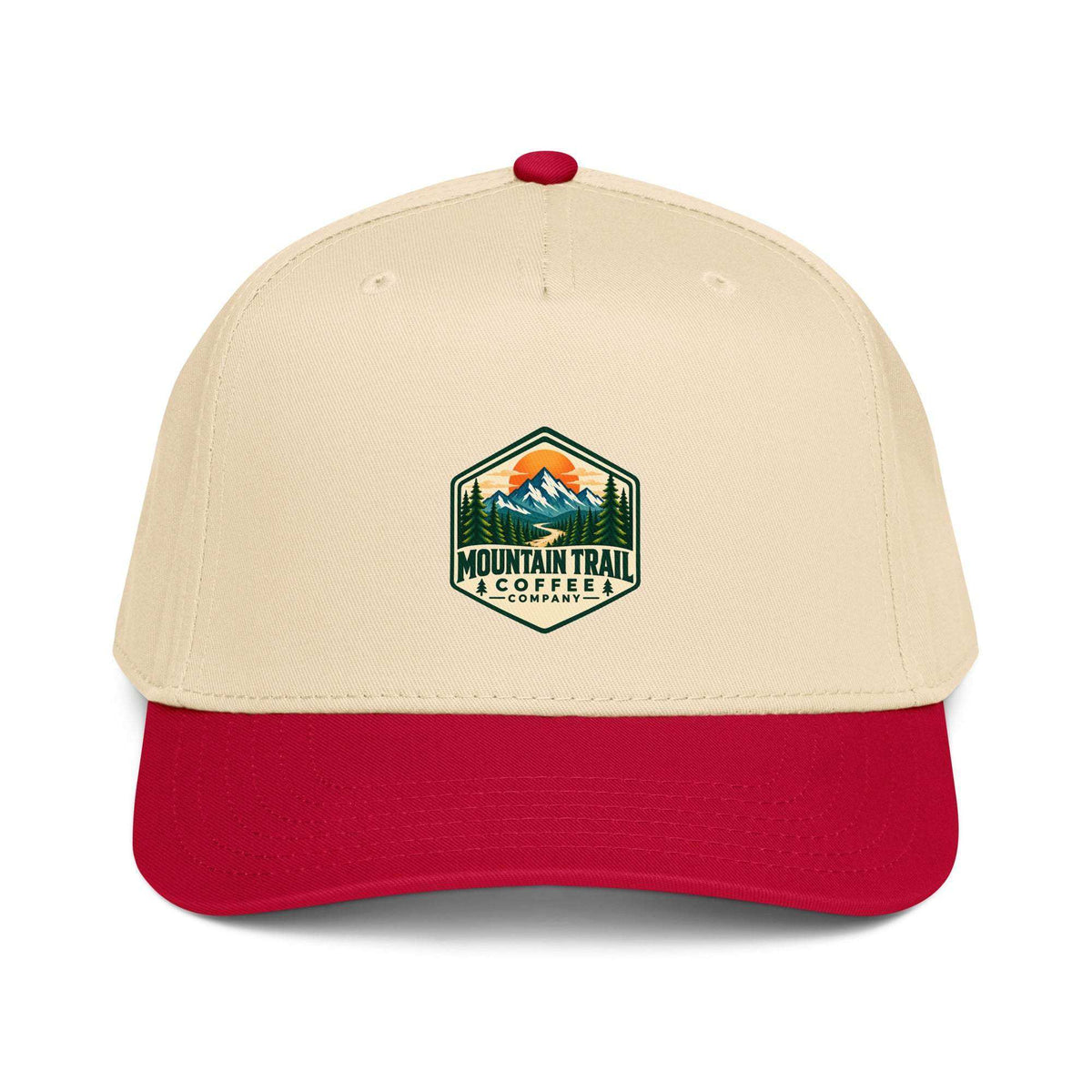 5 panel cap in cream polyester cotton with red visor and button, featuring a Mountain Trail Coffee logo