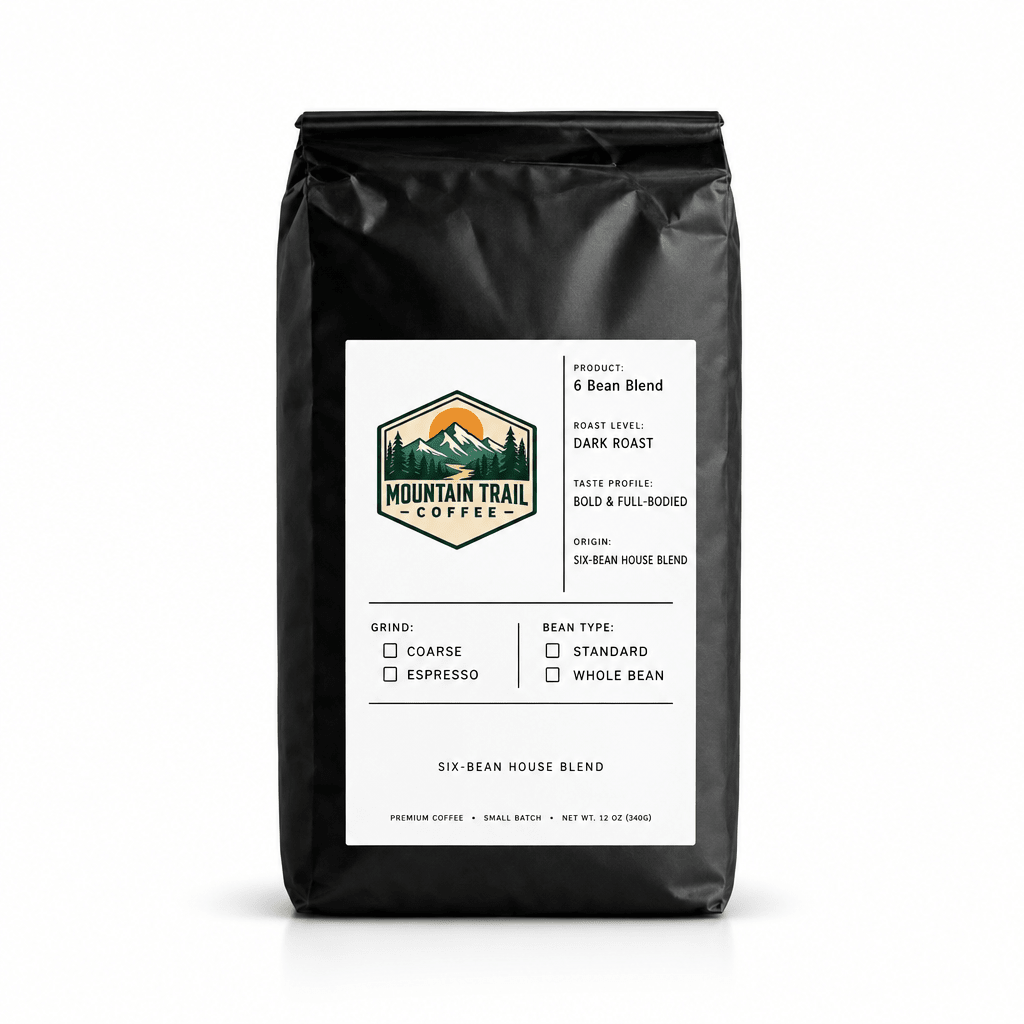 6 Bean Blend coffee in a matte black bag with a white label and green, orange, and yellow mountain logo.