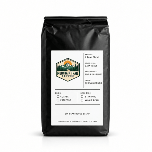 6 Bean Blend coffee in a matte black bag with a white label and green, orange, and yellow mountain logo.
