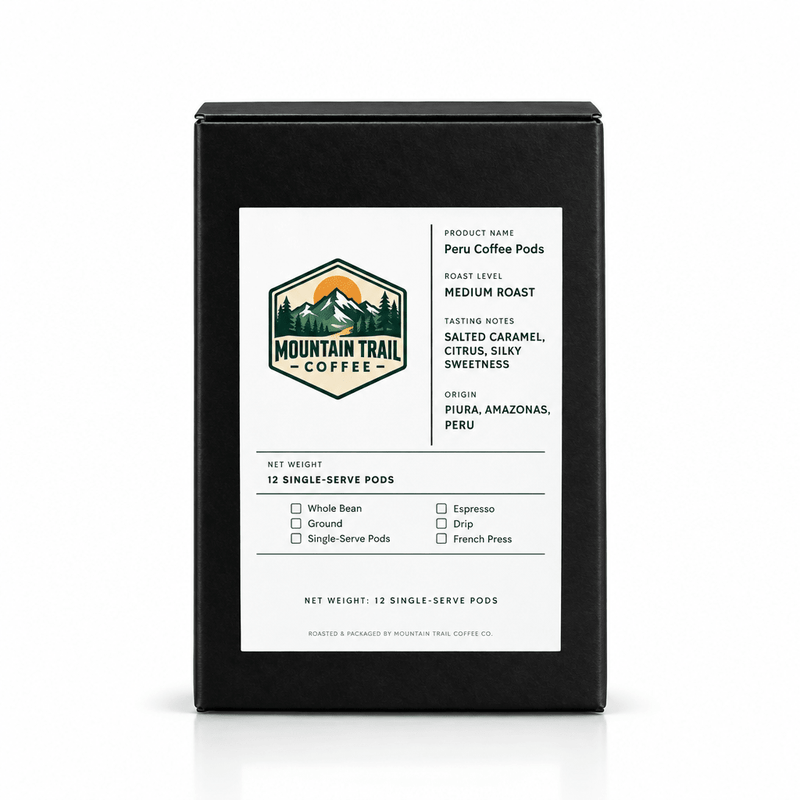 Peru Coffee Pods in a black rectangular carton with a white label, mountain logo, and medium roast details.