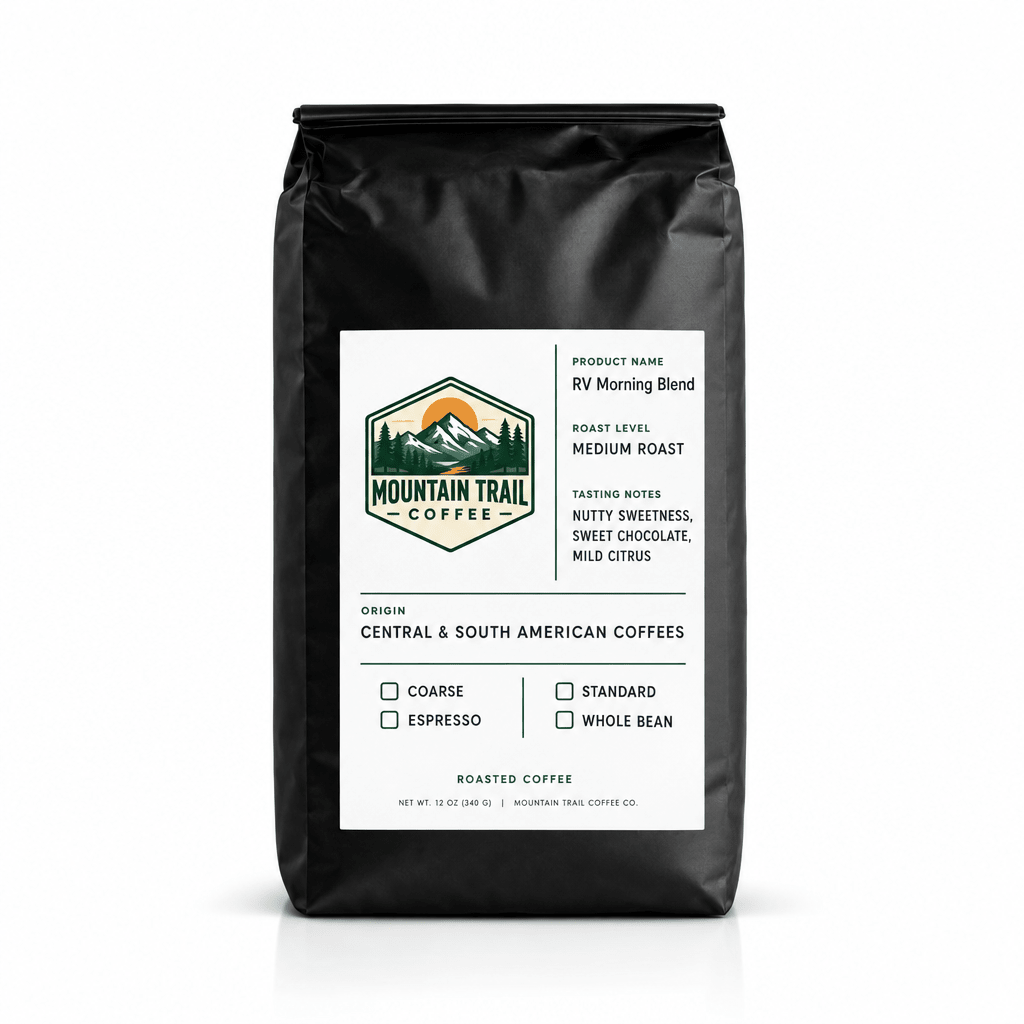 Coffee bag for RV Morning Blend, in matte black packaging with a white label, Mountain Trail Coffee logo, and medium roast details.