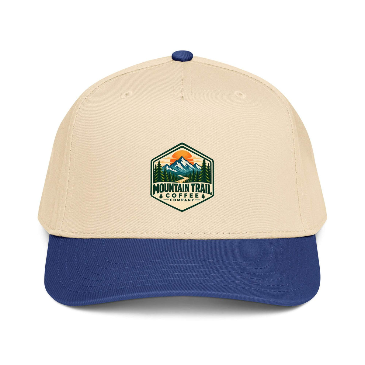 5 panel cap in beige and navy cotton blend with structured front, curved visor, and Mountain Trail Coffee patch