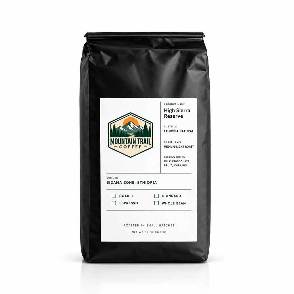 Coffee bag with black matte packaging, white label, and green mountain-trail logo; High Sierra Reserve Ethiopia Natural blend.