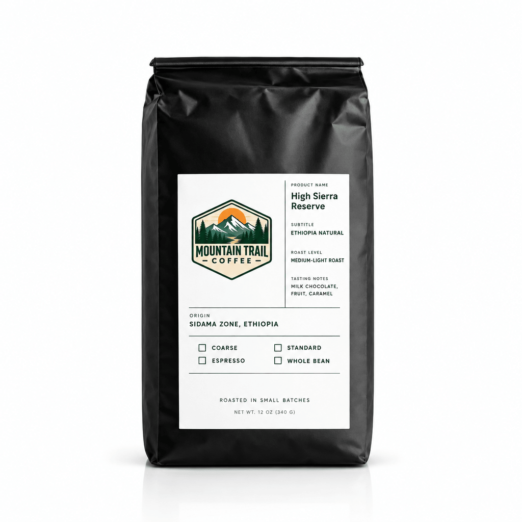 Coffee bag with black matte packaging, white label, and green mountain-trail logo; High Sierra Reserve Ethiopia Natural blend.