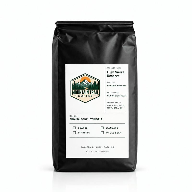 Coffee bag with black matte packaging, white label, and green mountain-trail logo; High Sierra Reserve Ethiopia Natural blend.