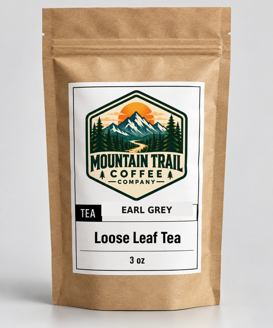 Earl Grey loose leaf tea in a kraft paper pouch with a mountain trail label and 3 oz marking