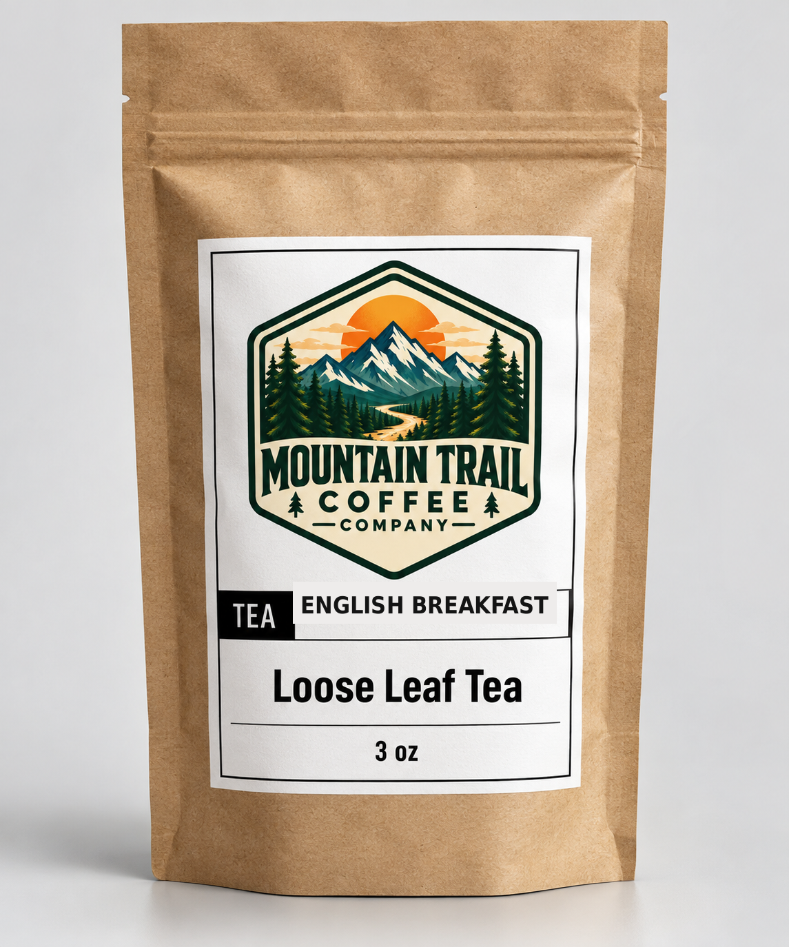 English Breakfast loose leaf tea in a kraft paper pouch, featuring a mountain trail logo and 3 oz label