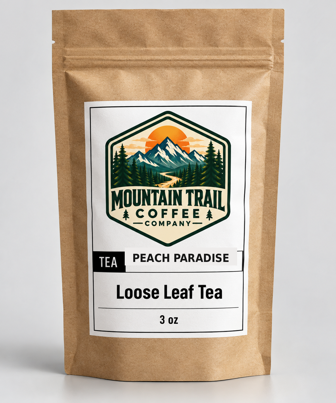 Peach Paradise loose leaf tea in a kraft paper pouch, featuring a mountain trail label and 3 oz size
