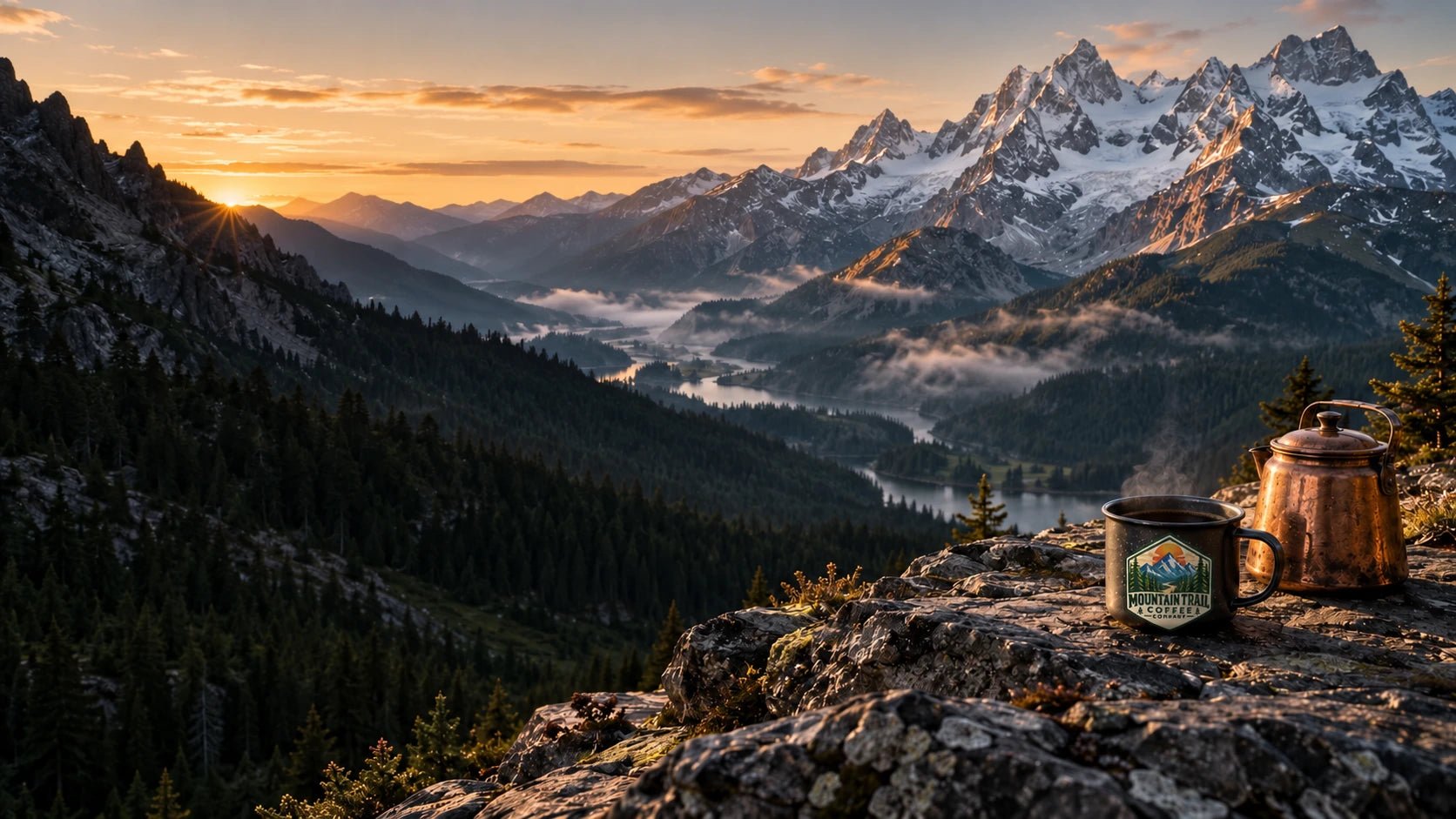 Dramatic alpine mountains at dawn, with a charcoal camp mug and copper kettle on a rock ledge