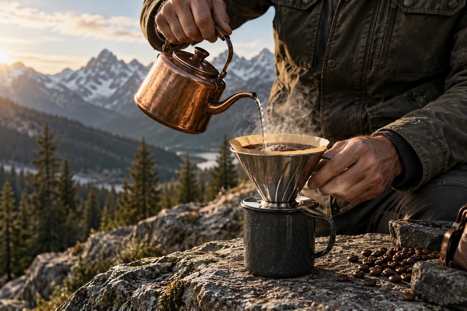 A hiker pours hot water from a copper kettle through a coffee dripper above an enamel camp mug